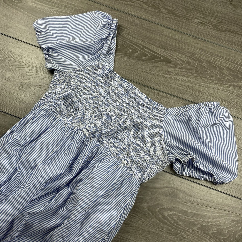 J Crew Women's Cotton Puff Sleeve Smocked Midi Dress Blue White Pinstripes XL